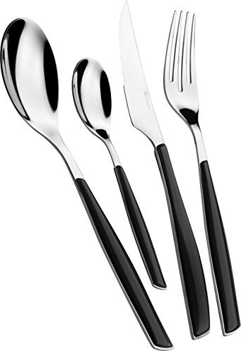 BUGATTI Cubertería, Glamour, 24 Piezas en Acero Inoxidable 18/10 y Mango Color Piano Black. Juego de Cubiertos para 6 Personas Compuesto por 6 cucharas, 6 Tenedores, 6 Cuchillos y 6 cucharas de café