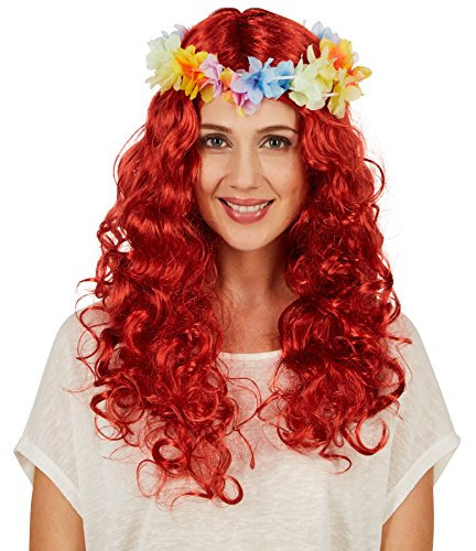 dressforfun Frauenperücke, Locken Hawaii | Mit abnehmbarem Blütenband | Perfekt für Fasching, Straßenumzüge und Mottopartys geeignet