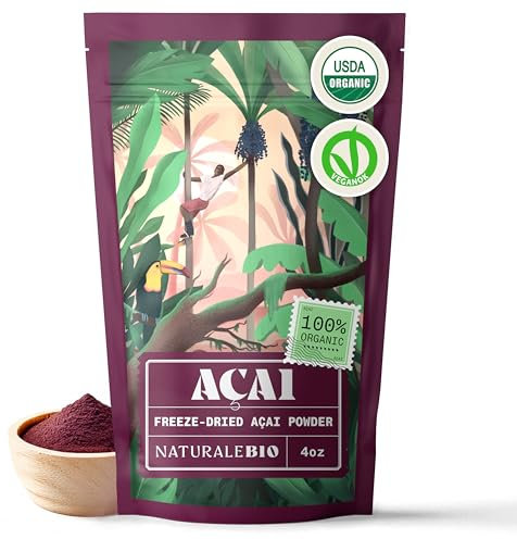 NaturaleBio Bacche di Acai Biologiche in Polvere - Freeze-Dried - 100 gr. Prodotto in Brasile, Liofilizzato, Crudo ed Estratto dalla Polpa della Bacca di Açai.