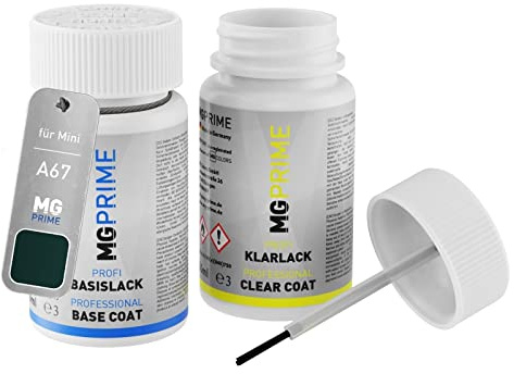 MG PRIME Autolack Lackstift für Mini A67 British Racing Green 5 Metall. +1K | British Racing Green 5 Metallic, Set aus Basislack + Klarlack, Lackfläschchen mit Pinsel, je 50ml