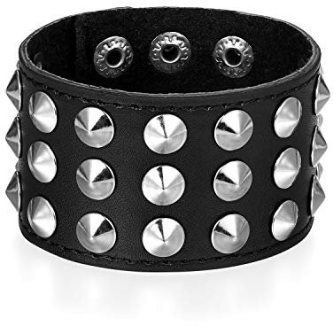 Flongo Herrenarmband Männer Armband Lederarmband, groß breit Leder Armband Armreif Geflochten mit Nieten Schwarz für Männer Herren-Accessoires Rock Biker Größen verstellbar