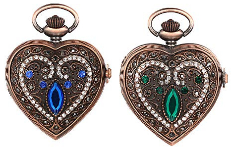 JewelryWe Taschenuhr Damen Vintage Analog Quarz Herz Strass Augen Blumen Muster Uhr mit Halskette Kette Pocket Watch