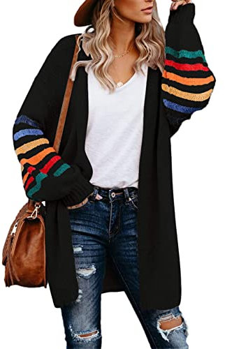 AlvaQ Women's Cardigans Long Sleeve Open Front Rainbow Striped Color Block Loose Casual Womens Oversized Cardigan Ladies Long Lightweight Knit Outwear Coat Jacket Sweaters Black L UK 14 16