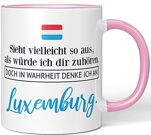 JUNIWORDS Tasse, Sieht vielleicht so aus, als würde ich dir zuhören. Doch in Wahrheit denke ich an Luxemburg (1001311), Wähle Farbe, Rosa