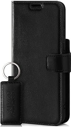 SURAZO Custodia per Apple iPhone 13 Pro Max – Custodia in vera pelle di alta qualità con funzione di supporto, scomparto per carte di credito, protezione RFID, realizzata a mano, pieghevole, colore: