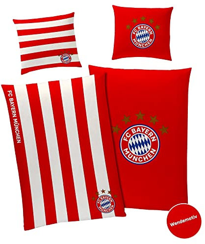 FC Bayern München Bettwäsche | Baumwolle | Gestreift | 135x200 cm | Rot-Weiß