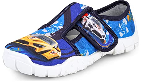 Ladeheid Kinder Hausschuhe LARW005 (Blau Autos, 35 EU)