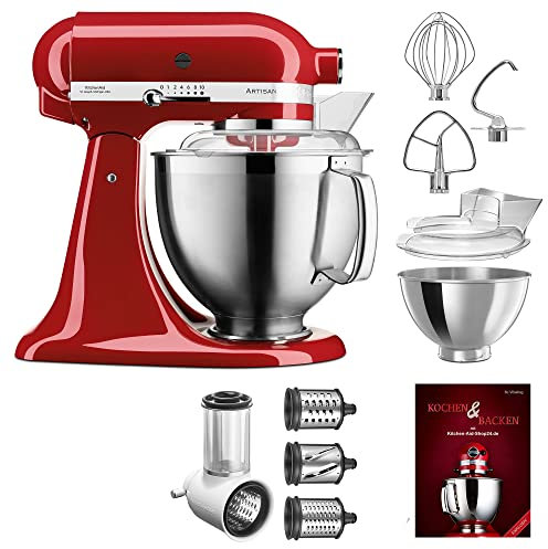 KitchenAid Küchenmaschine Artisan - P26 Starter Set 185er (GemüsNeu) - 5KSM185PSEPH inkl. Gemüseschneider (5KSMVSA) und Kochbuch (Kochen & Backen) (empire rot)