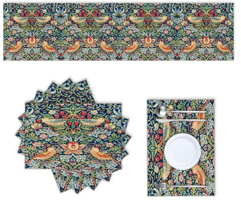 rouihot Tischläufer und Tischsets aus Baumwollleinen, 6 Stück, William Morris Erdbeerdieb, Blumenmuster, Heimdekoration, für Esszimmer, Bauernhaus, Hochzeit, Party, Urlaub, Abendessen, 33 x 178 cm