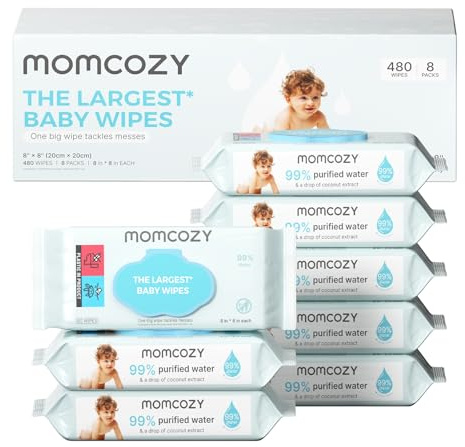 Momcozy Baby Wipes Extra Large Design 99% Water Based Fragrance Free & Hypoallergenic Cleansing & Moisturizing Wipes for Sensitive Skin 8 Packs