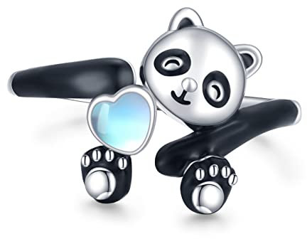 Mondstein Ring 925 Sterling Silber Verstellbarer Panda Ringe Mondstein Schmuck Panda Geschenk für Frauen Mädchen Panda Liebhaber