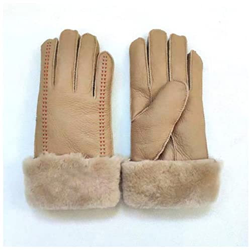 Handschuhe Super warm Frauen Echtes Leder Schaffell Handschuhe Winter Weibliche Outdoor Ski Motorrad Handschuhe Damen Schaf Fell Handschuhe Finger Damenhandschuhe (Color : Brown, Size : One Size)