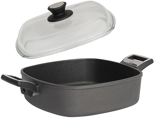 SKK großer 2-tlg. Guss Bräter 28x28 cm - Induktion Bratkasserolle - hohe viereckige beschichtete Kasserolle & Vollglas Deckel - Made in Germany