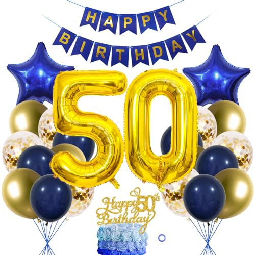 SNOWZAN 50. Geburtstag Dekorationen Blau Gold frauen Männer Deko 50 Geburtstag Männer 50 Jahre geburtstag Deko Luftballon 50. Geburtstag Luftballon Girlande 50 Jahre Geburtstagsdeko Tortendeko 50 Deko
