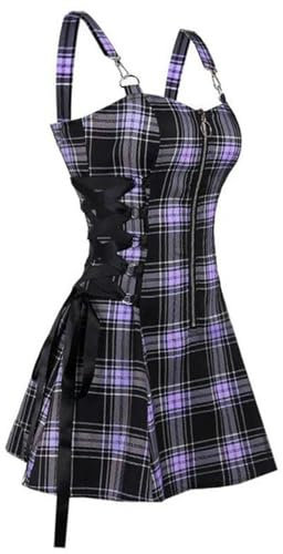 AYAZER Robe à Carreaux Gothique Foncé pour Femmes Taille Haute Coupe Slim Rétro Punk Harajuku Lolita sans Manches Streetwear Sexy Une Ligne Mini Robe-Violet-L