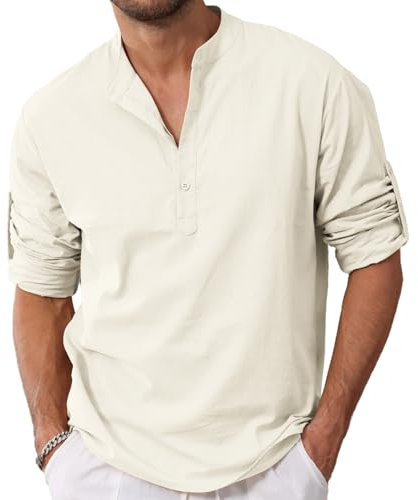 VANVENE Men's Cotton Linen T-Shirt Button Henley Shirt Long Sleeve Casual Beach T Shirt Beige L