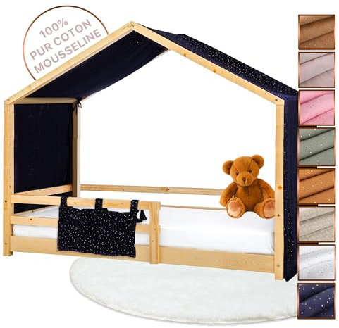Lovely Hippo Hausbett Himmel - 100% Baumwolle Betthimmel Hausbett aus Musselin - Bett Vorhang Kinderbett - Himmelbett Vorhänge für 90x200 (Nachtblau/Gold Tasche, 97 x 402cm)