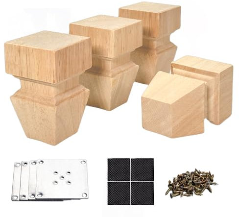Aiminjey 10cm Wooden Furniture Legs with Mounting Plates Screws Set of 4 Solid Wood Unfinished Replacement Furniture Feet for Couch Cabinet Sofa Dresser Ottoman TV Stand Bed Home