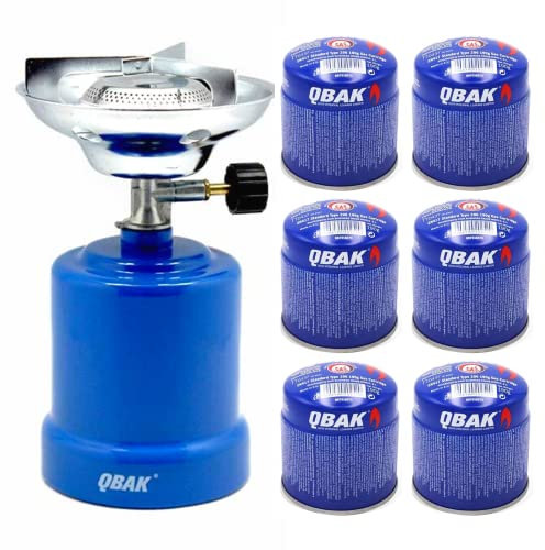 KROWN - Hornillo Camping Gas Cocina Portátil + 6 Bombonas 190g para Acampada, Campo, Playa, Montaña, Quemador con Regulador de Gas Butano