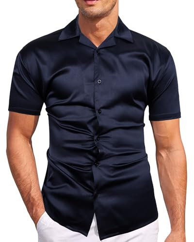 fohemr Mens Satin Shiny Cuban Shirts Luxury Short Sleeve Causal Button Down Solid Dress Stylish Business Party Shirt Navy Medium