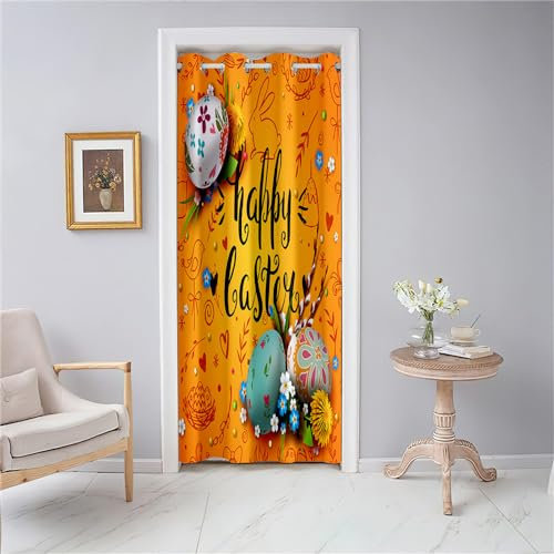 Odot Frohe Ostern Bedruckter Türvorhang Blickdicht Vorhang Thermo Gardinen Verdunklungsvorhänge mit Ösen, Raumteiler Vorhang für Wohnzimmer Schlafzimmer Tür Schrank (120x180cm,Buntes Orange)