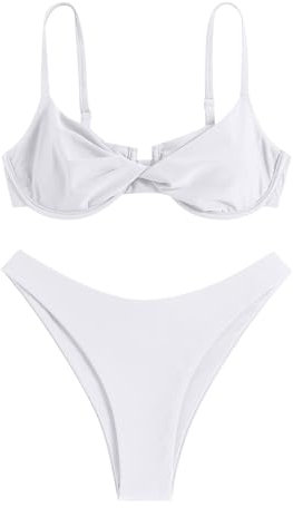 ZAFUL Damen-Bikini-Sets mit Twist-Front, Bügel-Bikini mit Binderücken, hoher Taille, Zweiteiliger Badeanzug(1-Weiß,L)