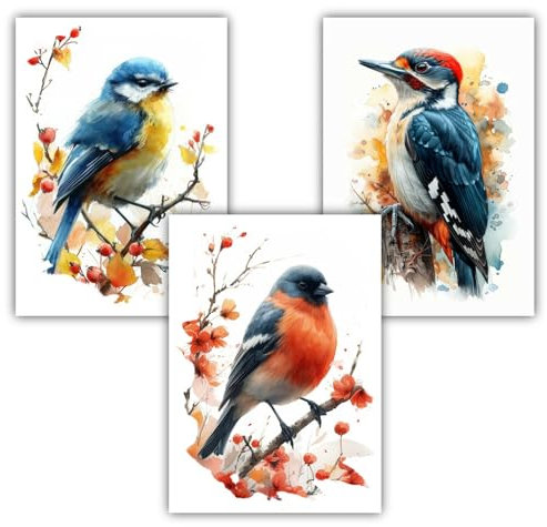 Samunshi® 3x Kunstdruck Vogel Poster Set mit Blaumeise Dompfaff Buntspecht Bilder für Jugendzimmer Deko Geschenk DIN A4 21x29,7cm