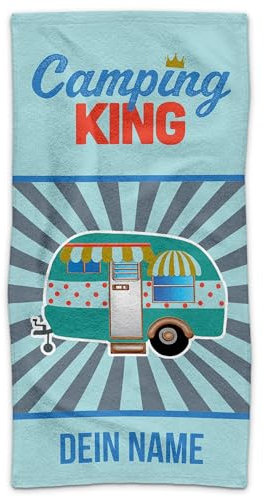 PR Print Royal Personalisiertes Handtuch für Camper mit Spruch - Camping King - mit Name Bedrucken | Camping Badetuch selbst gestalten, Individuelles Fotogeschenk für Campingfreunde - 140 x 70 cm