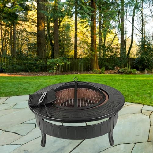 Garden Mile Braciere circolare 4 in 1 con copertura antipioggia, grande braciere quadrato per giardino, resistente al calore, nero, braciere da patio, stufa all'aperto, barbecue per barbecue e
