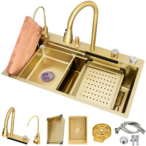 Edelstahl Goldene Küchenspüle, Einzelne Schüssel Wasserfall Home Spüle, Gemüse Becken Workstation Spüle, Mit Ausziehbarem Wasserhahn, Cup Washer(75x45x21cm)