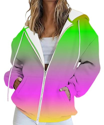 Uwdiohq Zipper Hoodie Damen, Farbverlauf Sweatjacke Mit Kapuze, Oversize Langarm Kapuzenpullover, Reißverschluss Frauen Sportjacke Sweatshirt-Jacke, Herbst Kapuzenjacke Casual Style Jacken
