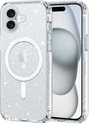 Yoedge Glitzer Magnetisch Hülle für iPhone 16 6,1, Handyhülle Kompatibel mit Mag Safe Kabellosem Laden,Transparente Silikon Slim PC Stoßfest Kratzfest Bling Schutzhülle für iPhone 16, Klar