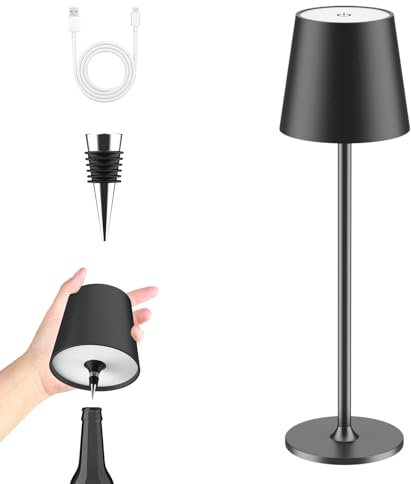 LUCKEA Lampada LED da Tavolo Senza Fili Lampade da Tavolo Batteria Ricaricabile Dimmerabili con USB-C e Tappo per Bottiglia per Salotto, Ufficio, Camera da Letto, All'aperto, Nero