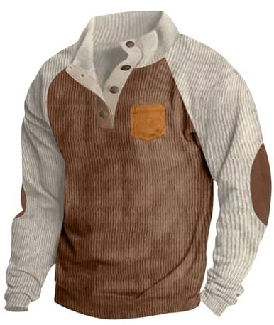 Zeiayuas Corduroy Jumper for Men UK Sale Clearance Button Up V Neck Henley Sweatshirts Mock Neck Pullover Sweat Tops Long Sleeve Winter Sweaters Mens Corduroy Shirt Jumpers with Elbow Patches Brown