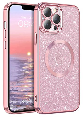 BENTOBEN Funda Magnética para iPhone 13 Pro Max[Compatible con Magsafe] Carga Inalámbrica Carcasa iPhone 13 Pro Max Funda Cover Ultra Delgada Brillante Purpurina Silicona Resistente Anti-Arañazos-Rosa