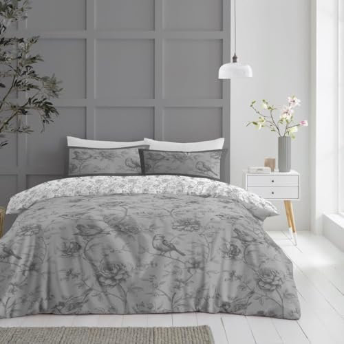 Lions King Size Duvet Cover with Fitted Sheet and Pillowcase - 4 Piece Complete Bedding Sets Reversible Grey Floral Rose Printed Poly Cotton Quilt Covers Bed, Girls Women