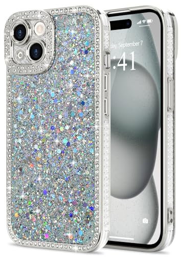 Lafunda for iPhone 15 Case for Womens Girls, Luxury Bling Glitter Diamond Crystal Festival Shiny Case Camera Protection Shockproof Silicone TPU Phone Cover for iPhone 15 6.1, Silver