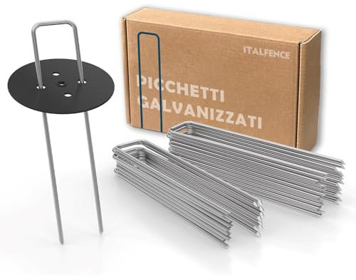 Italfence - Picchetti in acciaio zincato con rondelle per telo pacciamatura (Tutte le misure) [Ø3,80mm, 100 picchetti + 20 rondelle]