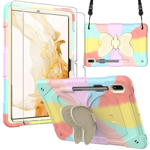 Samokor Kid Case for Samsung Galaxy Tab S9 FE 10.9 inch/S9 11 inch,with Tempered Glass Screen Protector & Butterfly Kickstand,Shockproof Full Body Protective Samsung Galaxy Tab S9 FE/S9,Colourful Pink