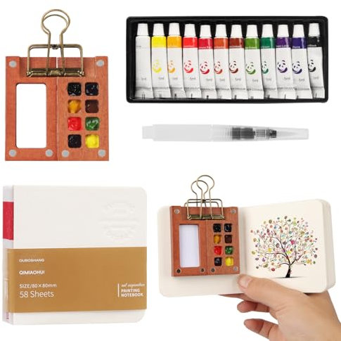 Mini Aquarell Travel Set, Skizzenbuch Palette Set 8 Grids,Tragbares Holz Malpalette Malkasten,Skizzenbuch Palette für Künstler, Studenten,mit Aquarellpapier Journal, Aquarellpinsel Stiftel, Clip