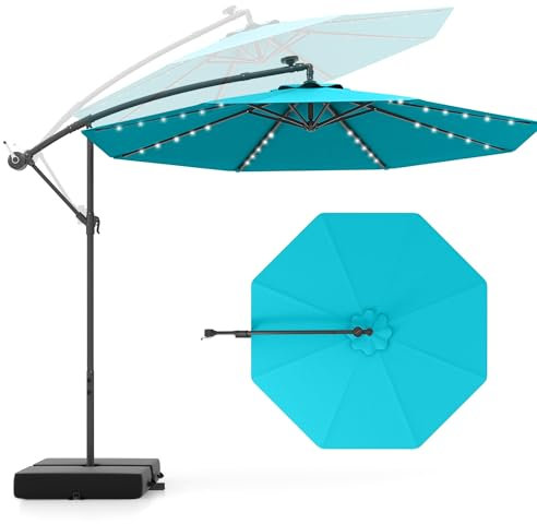 KOMFOTTEU Sombrilla 3x3m de Jardín con 40 Luces LED Solares, Parasol Inclinable con Base Saco de Arena, Sombrilla Terreza Exterior con Protección UV, Sombrilla Grande para Patio, Piscina (Turquesa)