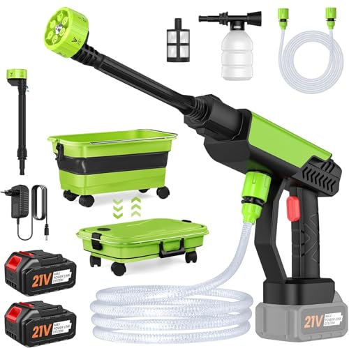 Nettoyeur Haute Pression Buse 6-en-1, 30Bar Nettoyeur Haute Pression san Fil, Pistolet Haute Pression sur 2 Batteries, avec réservoir d'eau Pliable, Chargeur et Tuyau de 5M, pour Voiture et Jardin