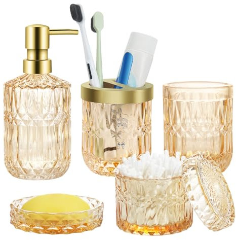 Bathroom Accessories Set, 5PCS Glass Bathroom Accessories Complete Set of Lotion Dispenser, Includes Soap Dispenser, Soap Dish, Toothbrush Holder, Tumbler and Jar, Stylish Modern Bathroom Decor (Gold)