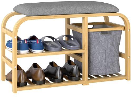 HOMCOM Panca Scarpiera da Ingresso con Seduta Imbottita, Mobile Porta Scarpe con Design a Doghe e Cestino Estraibile, 70x30x45 cm, Color Legno