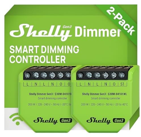 Shelly Dimmer Gen3 Doublepack WLAN Smart Dimmer, Hausautomation, Dimmbare Lichter, LED-Streifen, Kein Neutralleiter Еrforderlich, Smarte Zeitpläne, Kein Hub Еrforderlich, iOS & Android, Alexa & Google