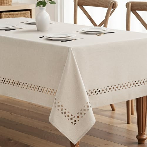 MIULEE Leinenoptik Tischdecke 140x260cm Rechteckig Wasserabweisend & Fleckabweisend Tischtuch aus Polyester mit Eleganten Hohlsaum Design für Esstisch Küche Garten Party Beige