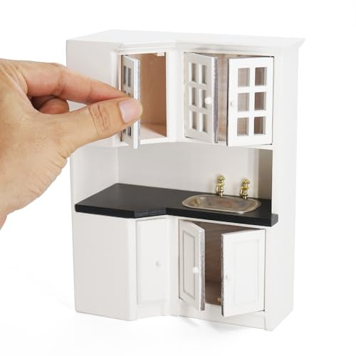 Odoria Puppenhaus Küche Miniatur Schrank: 1/12 Maßstab Küchenspüle für Wichtel Bar Restaurant Modern Weiß - Mini Kochen Möbel mit Spülbecken Holz