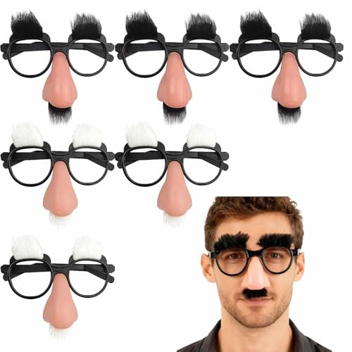 Karneval Brille Set- 6 Stück Faschingsbrille mit Nase Weiß und Schwarz Groß Spaßbrille für Erwachsene,Geeignet für den Halloween Geburtstag auf Einer Maskierung Brille Party tragen