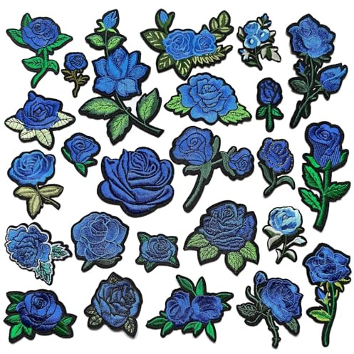 25 Pezzi Toppe Termoadesive Fiori di Rosa Blu Ricamate – Patch Adesive per Tessuti da Stirare o Cucire per Abbigliamento, Jeans, Cappelli, Borse e Accessori – Riparazione e Decorazione Creativa DIY