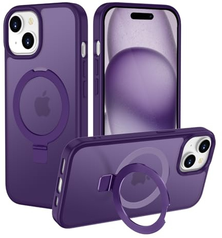 HGH Hülle für iPhone 15 6,1 Zoll mit Ständer für MagSafe, Dunkel Violett | mit Ring Ständer,Transluzente Matt Rückseite Dünn Stoßfest Handyhülle
